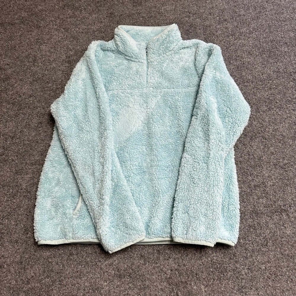 Eddie Bauer Fleece Pullover Womens Size L Light Blue Quarter Zip Fuzzy Mock Neck